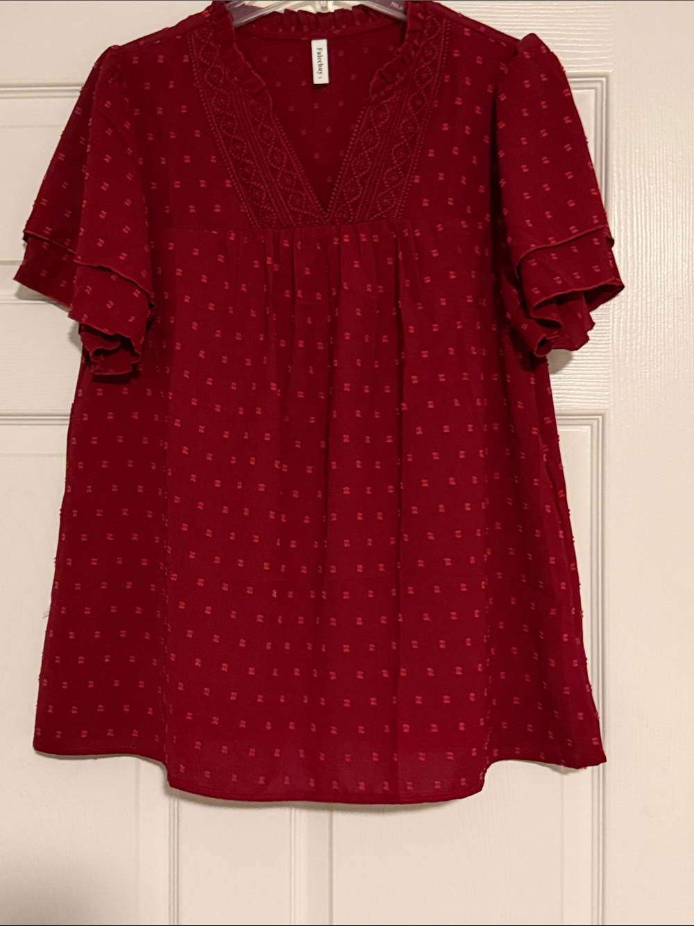 Burgundy V-Neck Flutter Sleeve Blouse with Embroidered Yoke